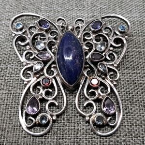 Sterling Silver 925 PTI Nepal Multi Stone Butterfly Brooch Pin